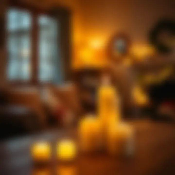 Flameless flickering candles used in a cozy indoor setting with warm lighting