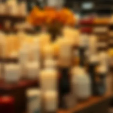 Various styles of flameless flickering candles displayed in a retail environment